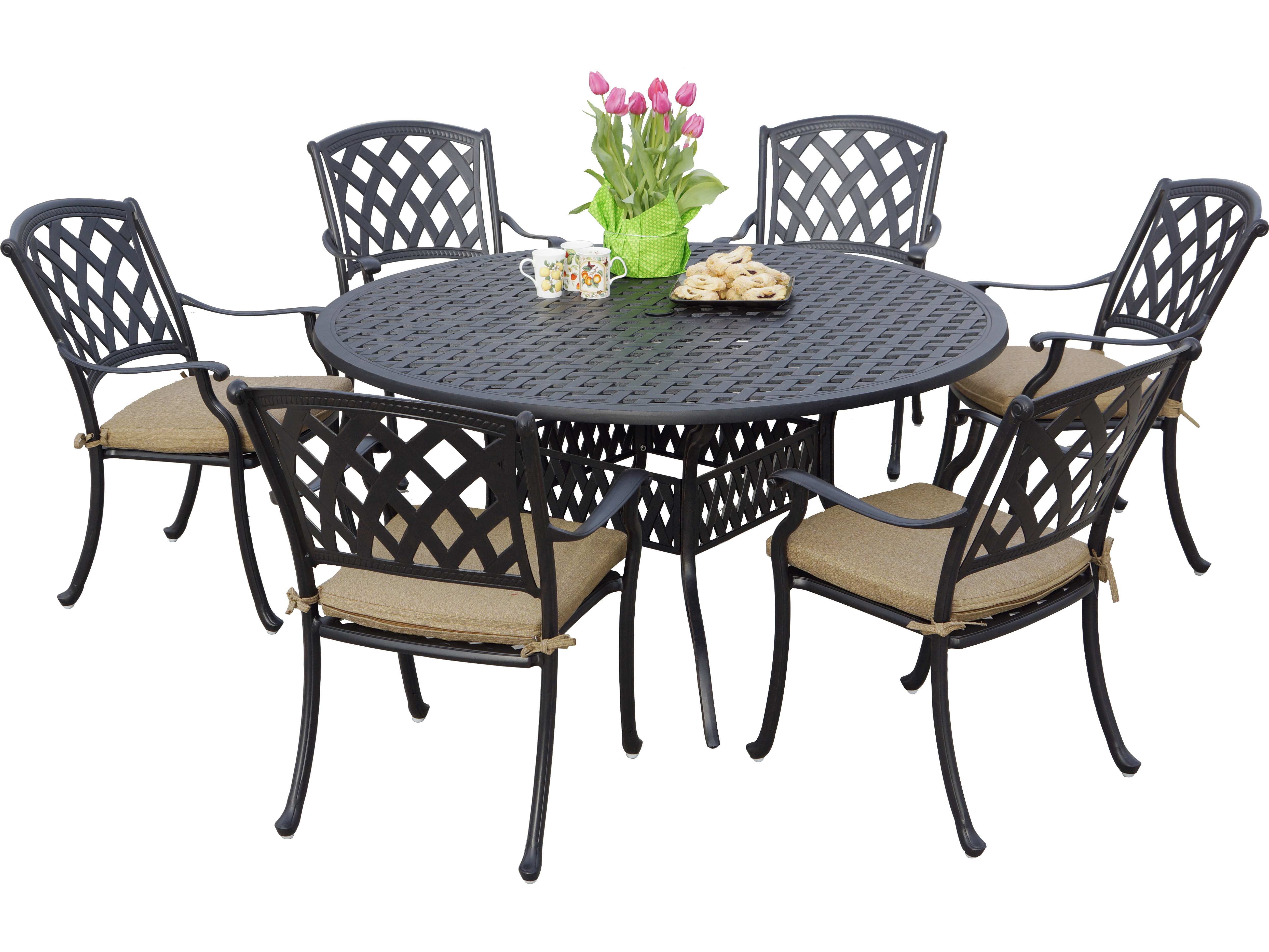 Image of Darlee Outdoor Living Ocean View Cast Aluminum 7-Piece Dining Set with Cushions and 60'' Round Dining Table