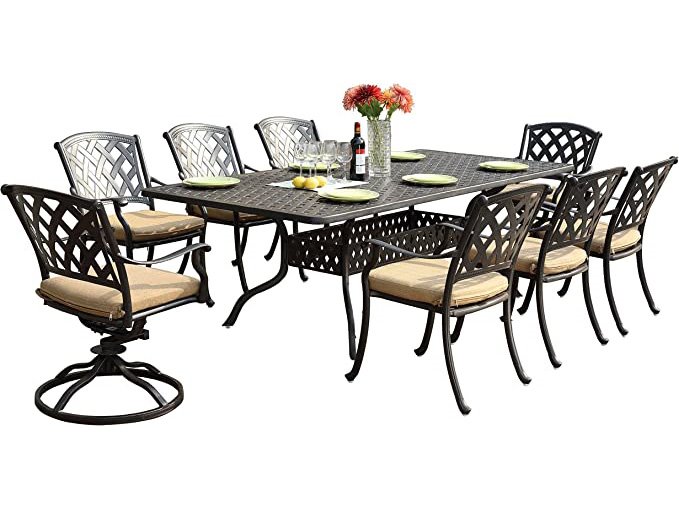 Image of Darlee Outdoor Living Ocean View 9-Piece Patio Dining Set (with 2 Swivel Rockers) with Cushions and 42 x 92'' Rectangular Dining Table