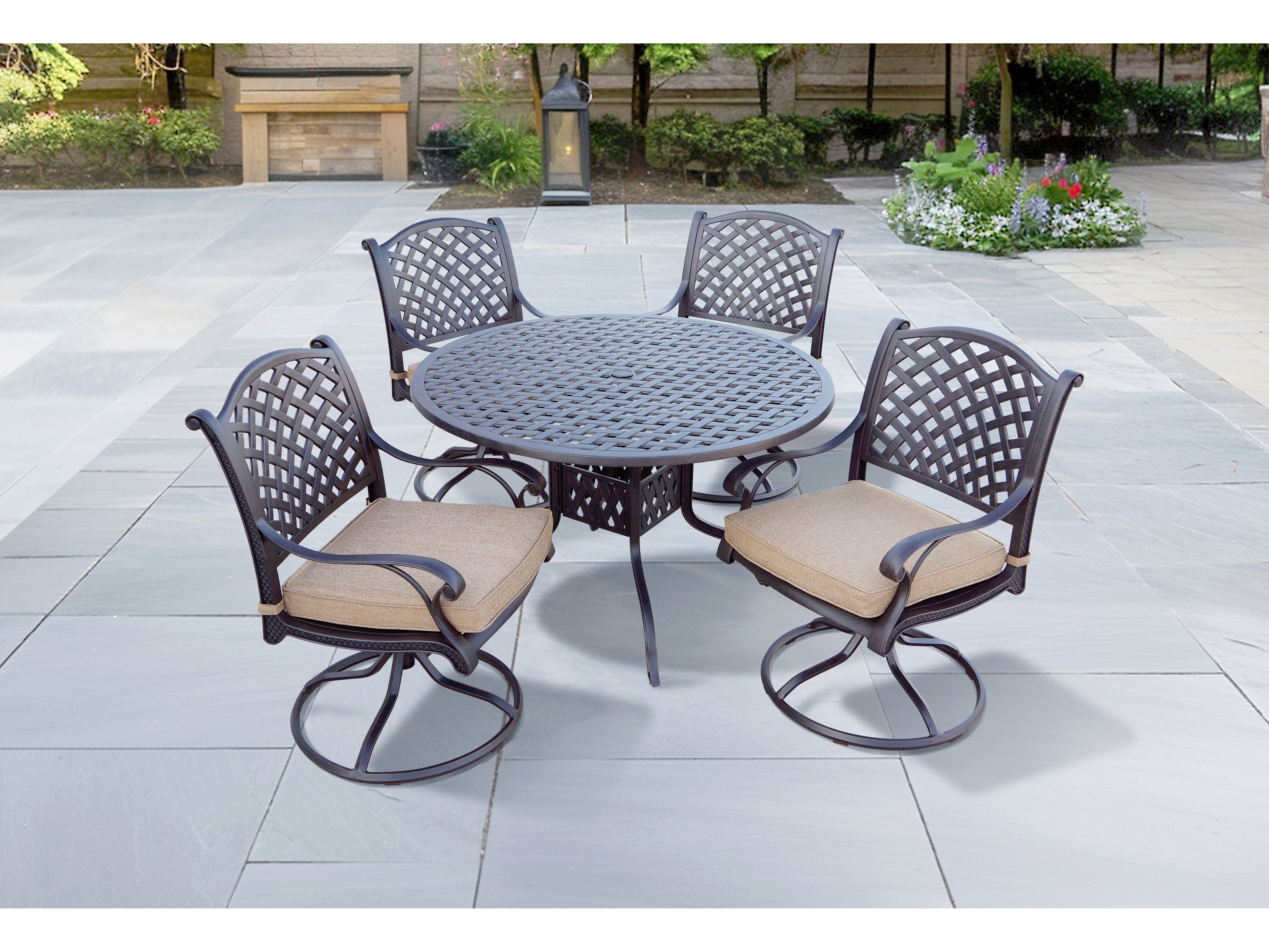 Image of Darlee Outdoor Living Nassau Cast Aluminum Antique Bronze 5 Piece Dining Set with 48'' Wide Dining Round Table