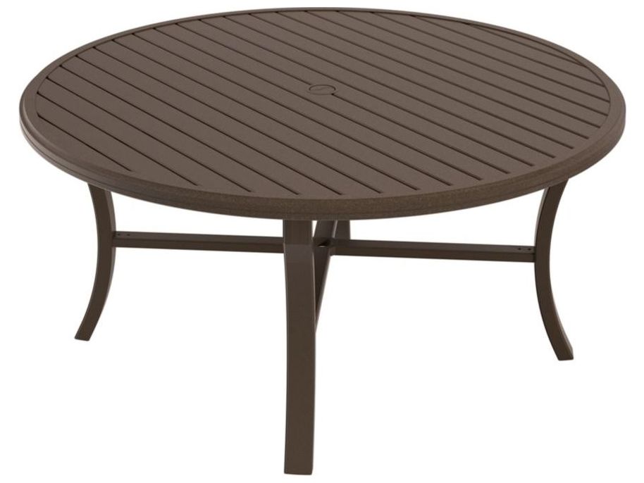 Image of Tropitone Banchetto Slat Aluminum Round KD Outdoor Patio Dining Table with Umbrella Hole